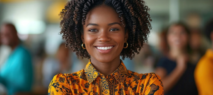 Two businesswomen in a modern office environment discussing work over a laptop.