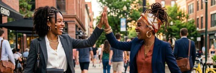 Happy black woman laughing while leaning on a bar counter with flowers and candles.