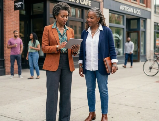 Two women chatting cheerfully outdoors holding tumblers on a sunny day.